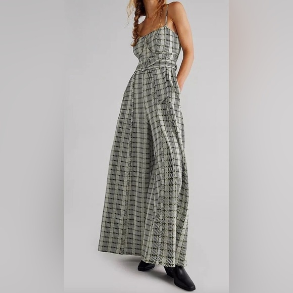 Free People Gingham wide leg jumpsuit in green. - Picture 11 of 11